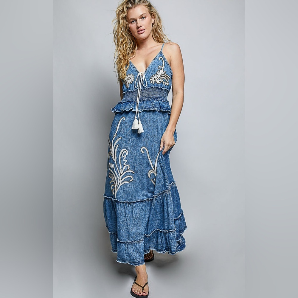 POL Maxi Dress Womens L Blue Boho Embroidered Smocked Waist Tiered Ruffle